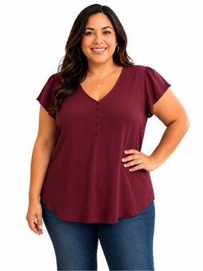 Philosophy Short Sleeve V-Neck Blouse in Burgundy